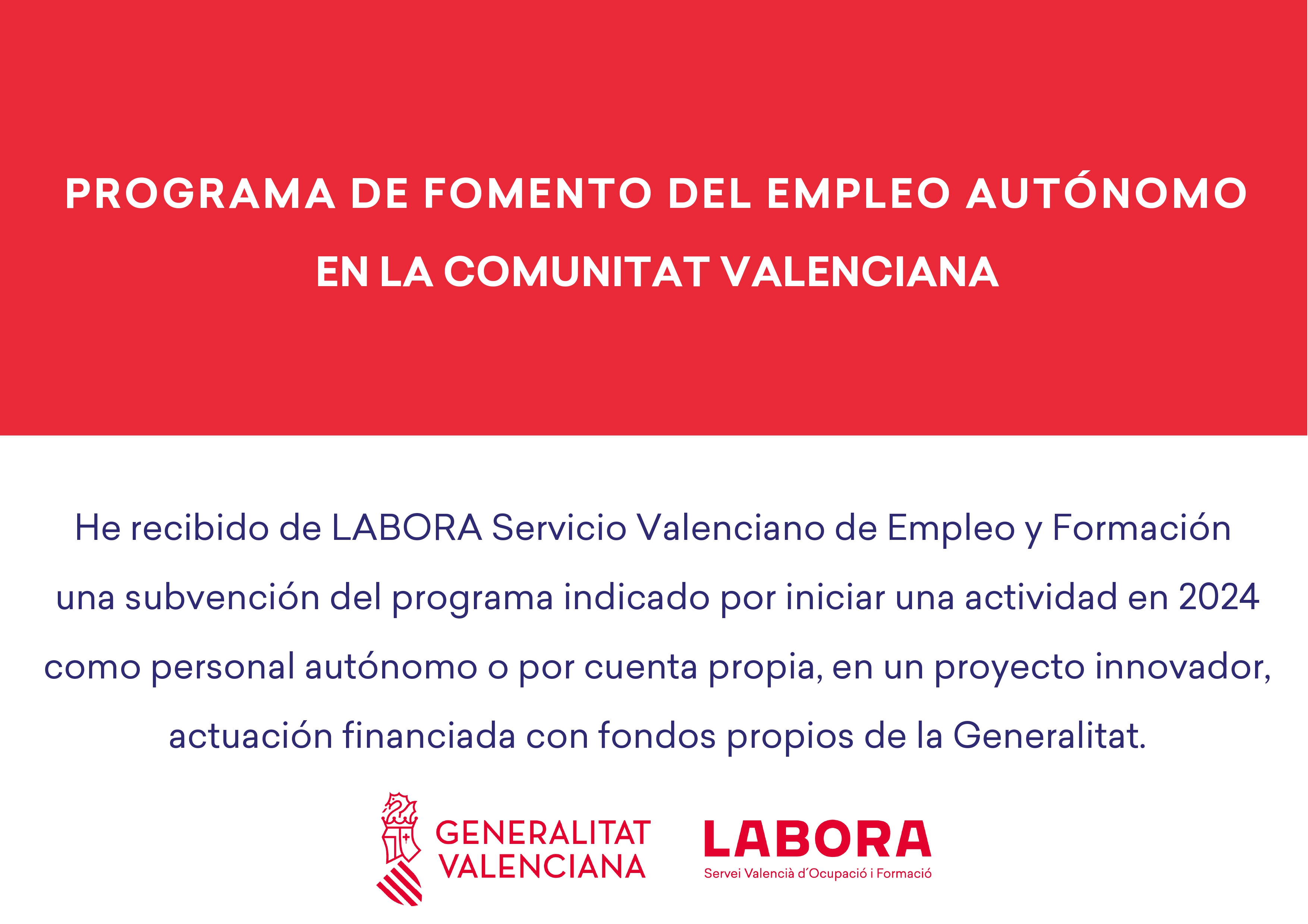 Subvención LABORA, Generalitat Valenciana — Programa de Fomento del Empleo Autónomo